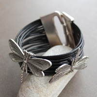 Black Leather Dragonfly Bracelet